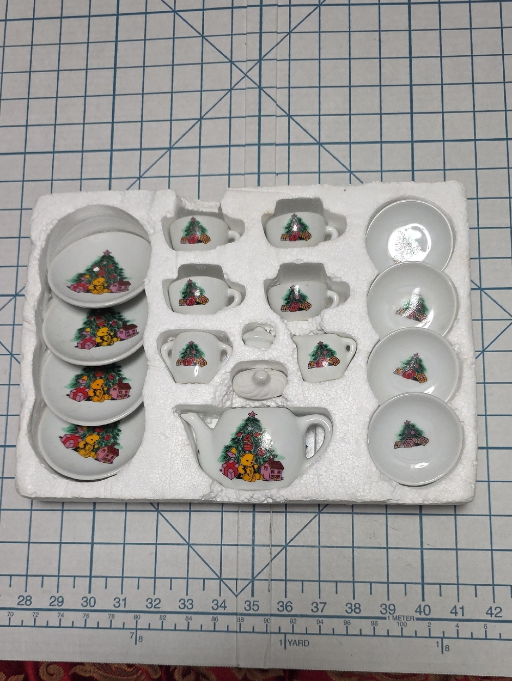 Miniature Porcelain Tea Set with Festive Tree And Toy Holiday Motif, New